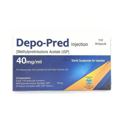 Depo-Pred injection packaging with blue and yellow design on a white background