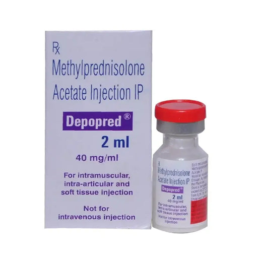 Methylprednisolone acetate injection packaging with bottle and box on a white background