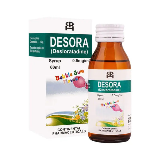 Desora syrup bottle and packaging on a white background