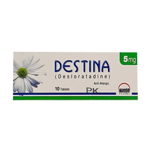 Box of Destina Desloratadine tablets with a flower design on a white background