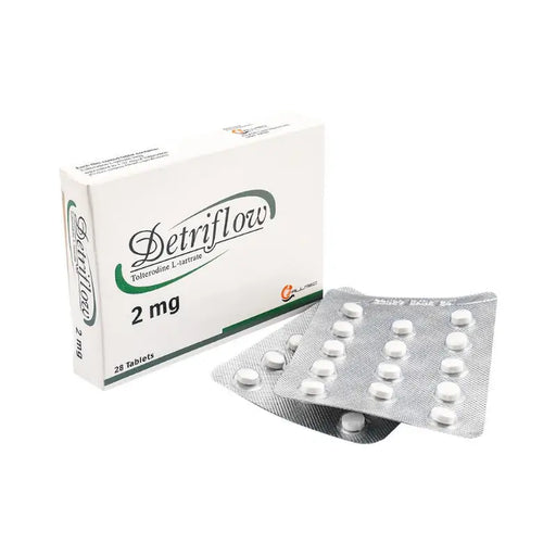 Detriflow packaging with tablets on a white background