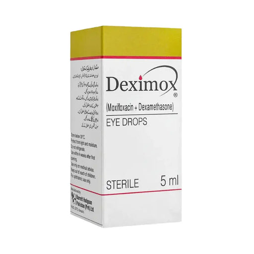 Deximox eye drops packaging on a white background