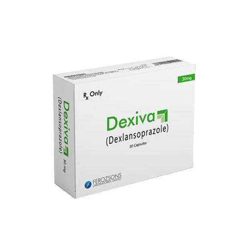 Box of Dexiva (Dexlansoprazole) capsules on a white background
