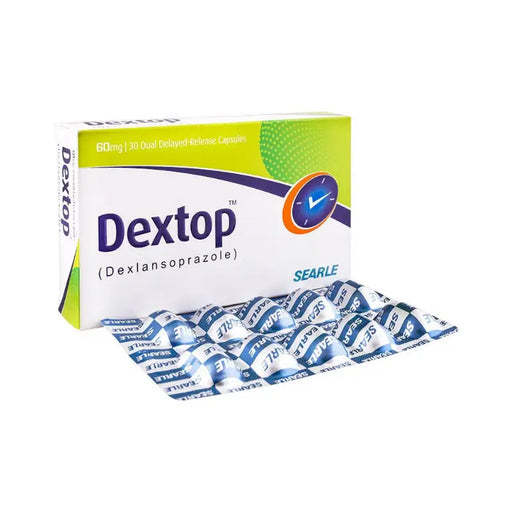 Dextop medication packaging with blue and white tablets on a white background