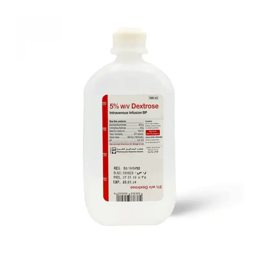 5% W/V Dextrose intravenous infusion bottle on a white background