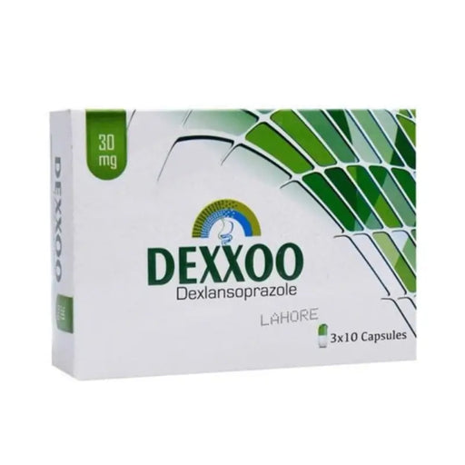 Box of DEXXOO Dexlansoprazole capsules with green and white design