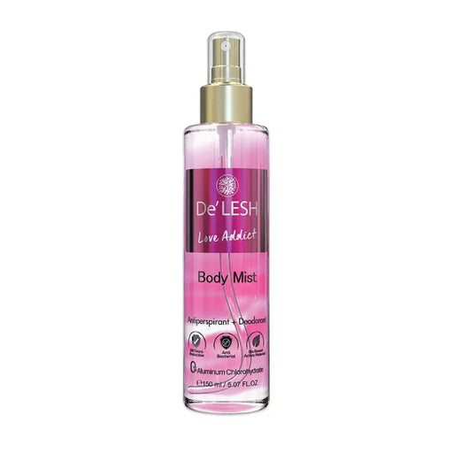 De'Lesh Love Addict Body Mist bottle on a white background