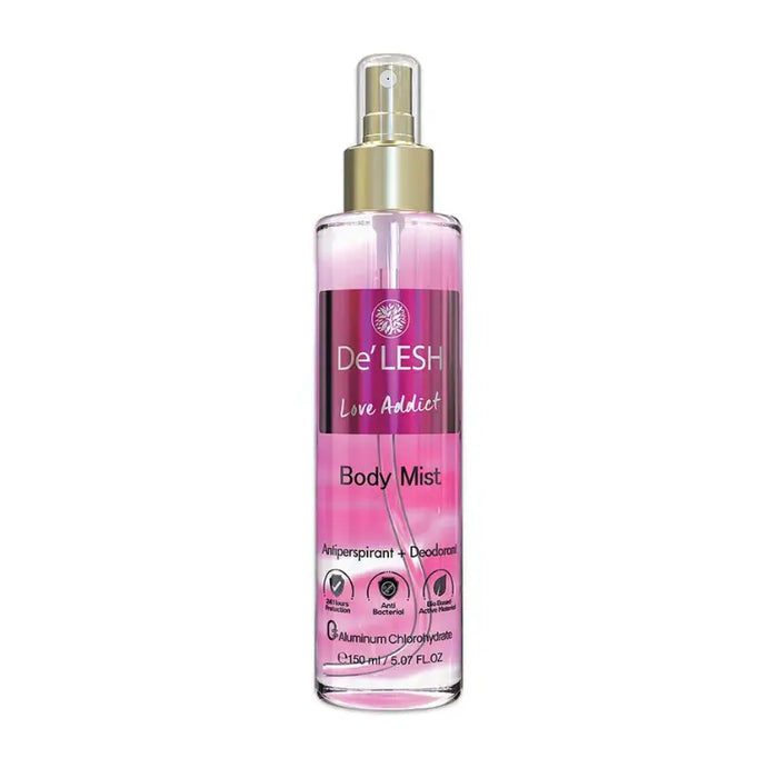 De'Lesh Love Addict Body Mist bottle on a white background