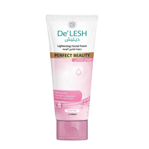 De'Lesh Perfect Beauty lightening facial foam tube on a white background