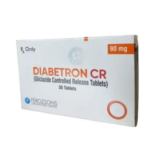 Box of Diabetron CR tablets with Ferozsons branding on a white background