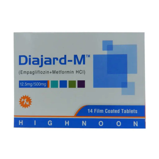 Diajard M 12.5/500mg Tablets for controlling blood sugar and supporting heart health in type 2 diabetes patients.
