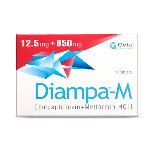 Box of Diampa-M medication with Getz Pharma branding on a white background