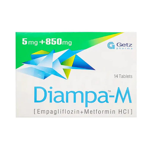 Diampa-M medication packaging with Getz Pharma logo on a white background