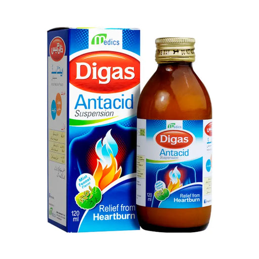 Digas Antacid Suspension packaging and bottle on a white background