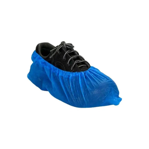 Black shoe with a blue shoe cover on a white background