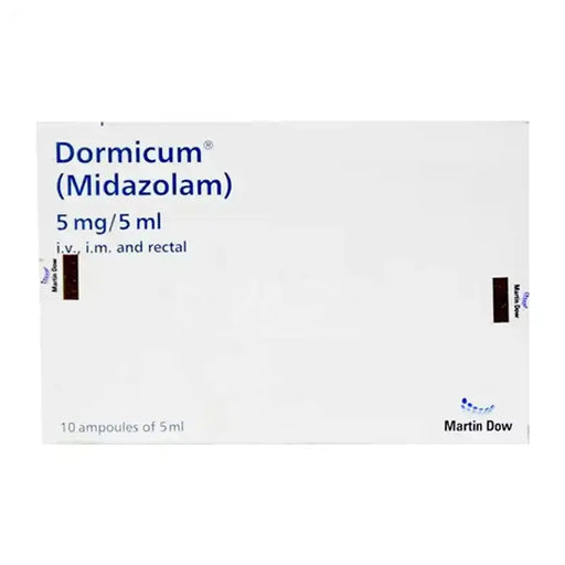 Box of Dormicum (Midazolam) with product details on a white background