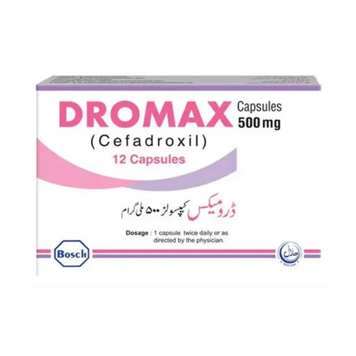 Box of Dromax Capsules 500 mg with branding on a white background