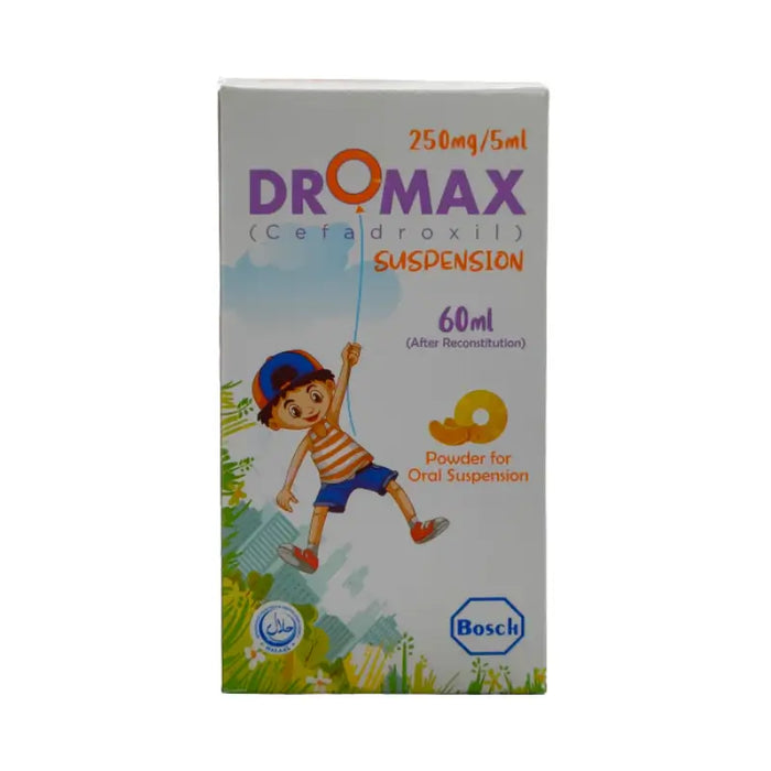 Dromax suspension packaging with a child illustration on a white background