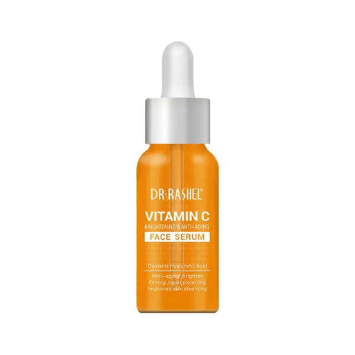 Orange bottle of Dr. Rashel Vitamin C face serum with dropper on a white background