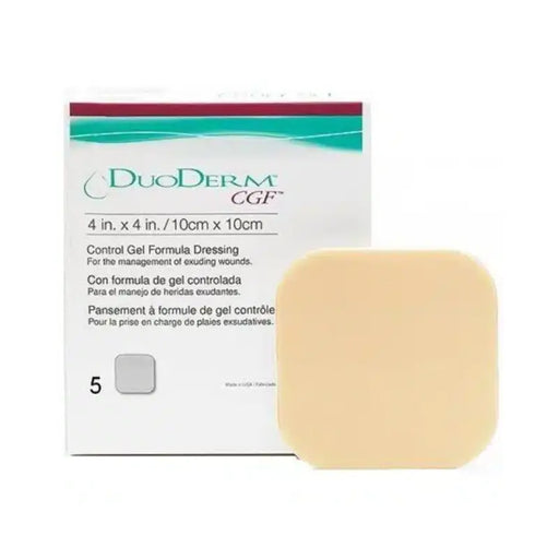Duoderm CGF dressing packaging with a beige square dressing on a white background