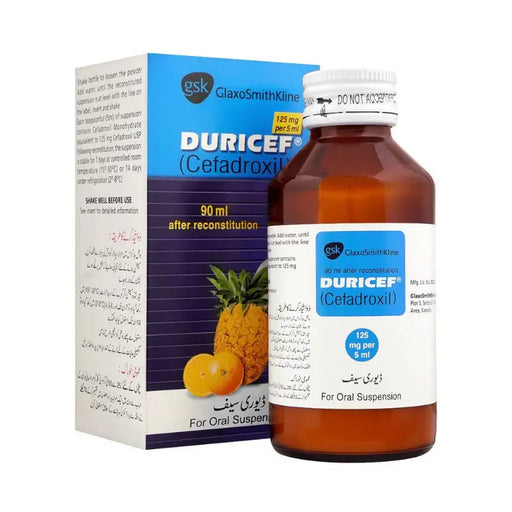 Duricef (Cefadroxil) bottle and packaging with GlaxoSmithKline branding on a white background