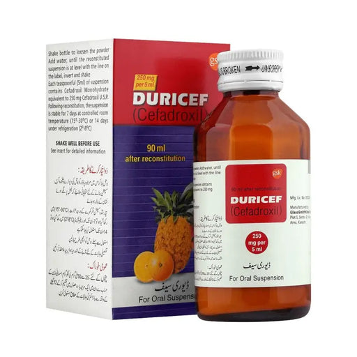 Duricef bottle and packaging on a white background