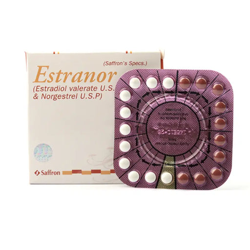 Estranor contraceptive pill packaging on a white background