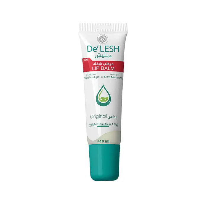 De'LESH Lipbalm Tube (Original) 10ml with white and green color scheme and branding information.