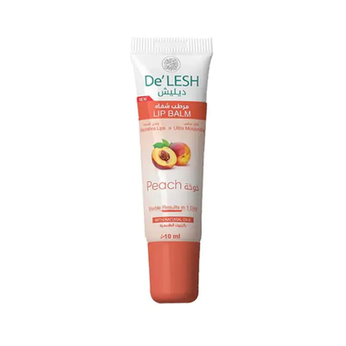 De'LESH Lipbalm Tube (Peach) with a capacity of 10ml, featuring a white and peach color scheme with peach illustrations.