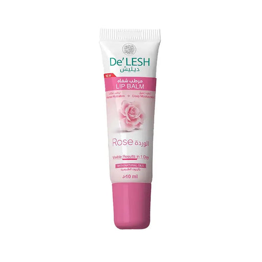 De'LESH lip balm tube with rose flavor, 10ml, with pink and white color scheme and a rose illustration.