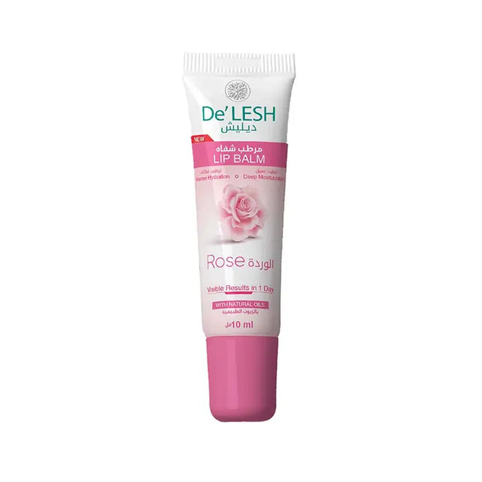 De'LESH lip balm tube with rose flavor, 10ml, with pink and white color scheme and a rose illustration.