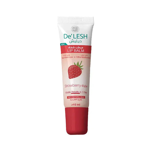 De'LESH strawberry-flavored lipbalm tube, with a picture of a strawberry on the cap, 10ml size.