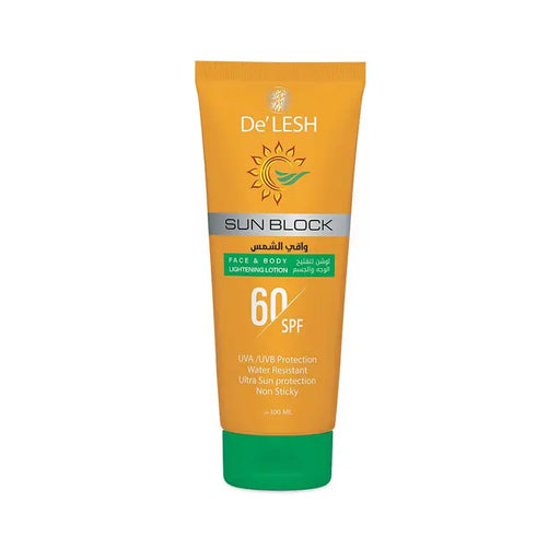 A tube of De'LESH Sunblock with SPF 60, indicating high sun protection. The packaging is primarily yellow with green accents at the bottom.