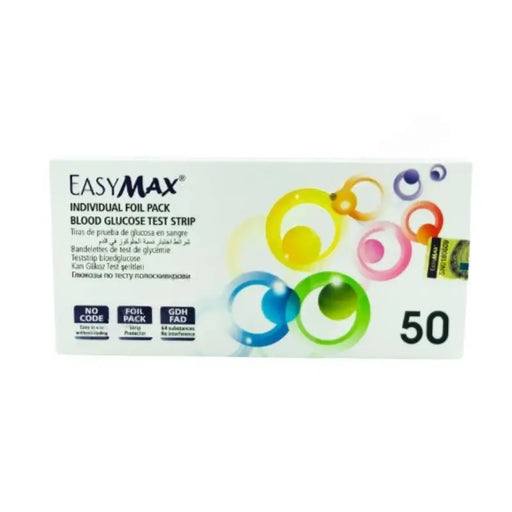 Box of Easymax blood glucose test strips with colorful circles on a white background