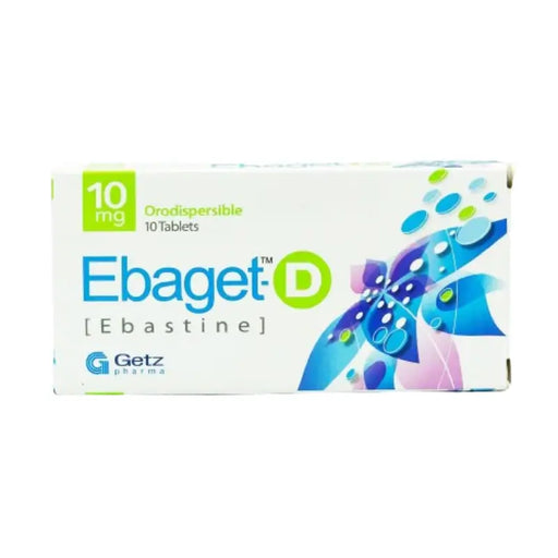 Box of Ebaget-D tablets with branding and product details on a white background
