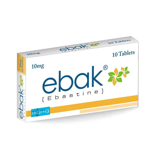 Box of ebak Ebastine tablets on a white background