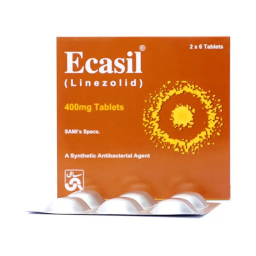 Ecasil (Linezolid) 400mg tablets packaging on a white background
