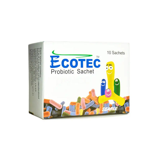 Box of Ecotec Probiotic Sachets with colorful cartoon worms on a white background