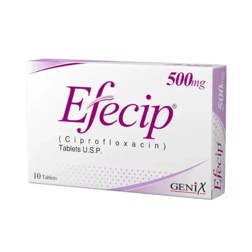 Box of Efecip 500mg Ciprofloxacin Tablets U.S.P. by Genix on a white background