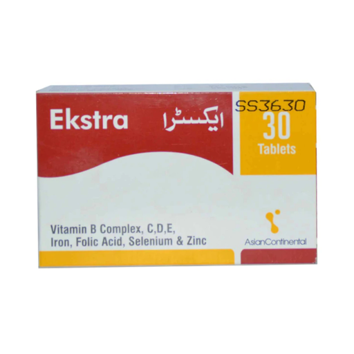 Box of Ekstra tablets with vitamin information on a white background