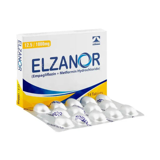 Elzanor medication packaging with tablets on a white background