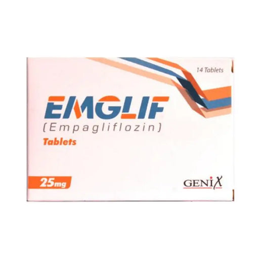 Box of EMGLIF (Empagliflozin) tablets with Genix branding on a white background