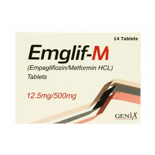 Box of Emglif-M tablets with Genix branding on a white background