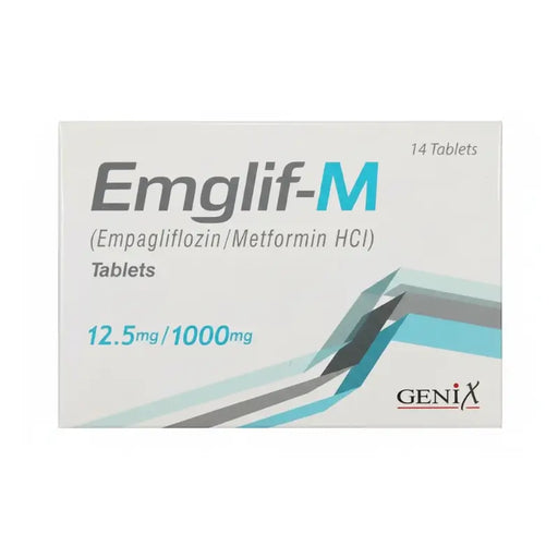 Box of Emglif-M tablets with Genix branding on a white background