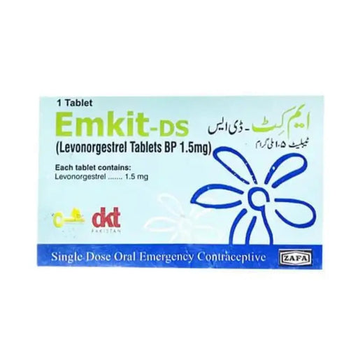 Emkit-ds packaging for Levonorgestrel Tablets BP 1.5mg on a white background