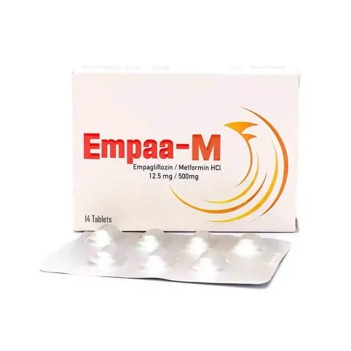 Box of Empaa-M tablets with a blister pack on a white background