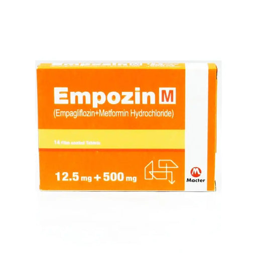 Orange and yellow box of Empozin M medication on a white background