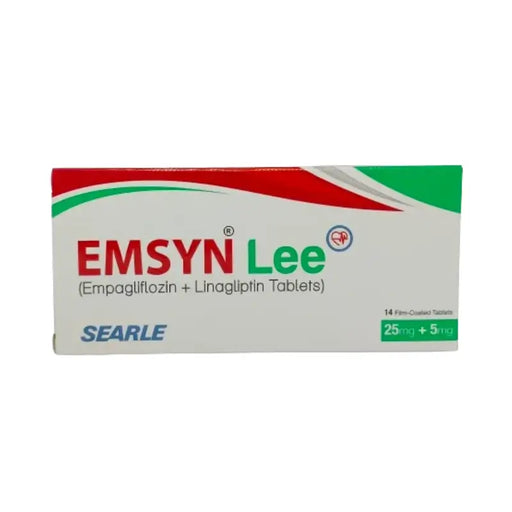 Box of EMSYN Lee medication with red, green, and white design on a white background