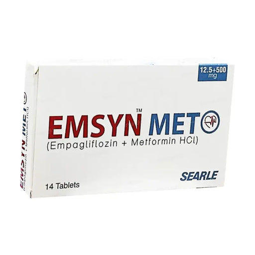 Box of EMSYN MET tablets with Searle branding on a white background
