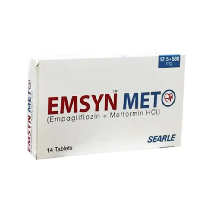 A box of EMSYN MET medication, with the dosage strength visible as 12.5/500mg, form 2x7s, indicating 14 tablets in total.